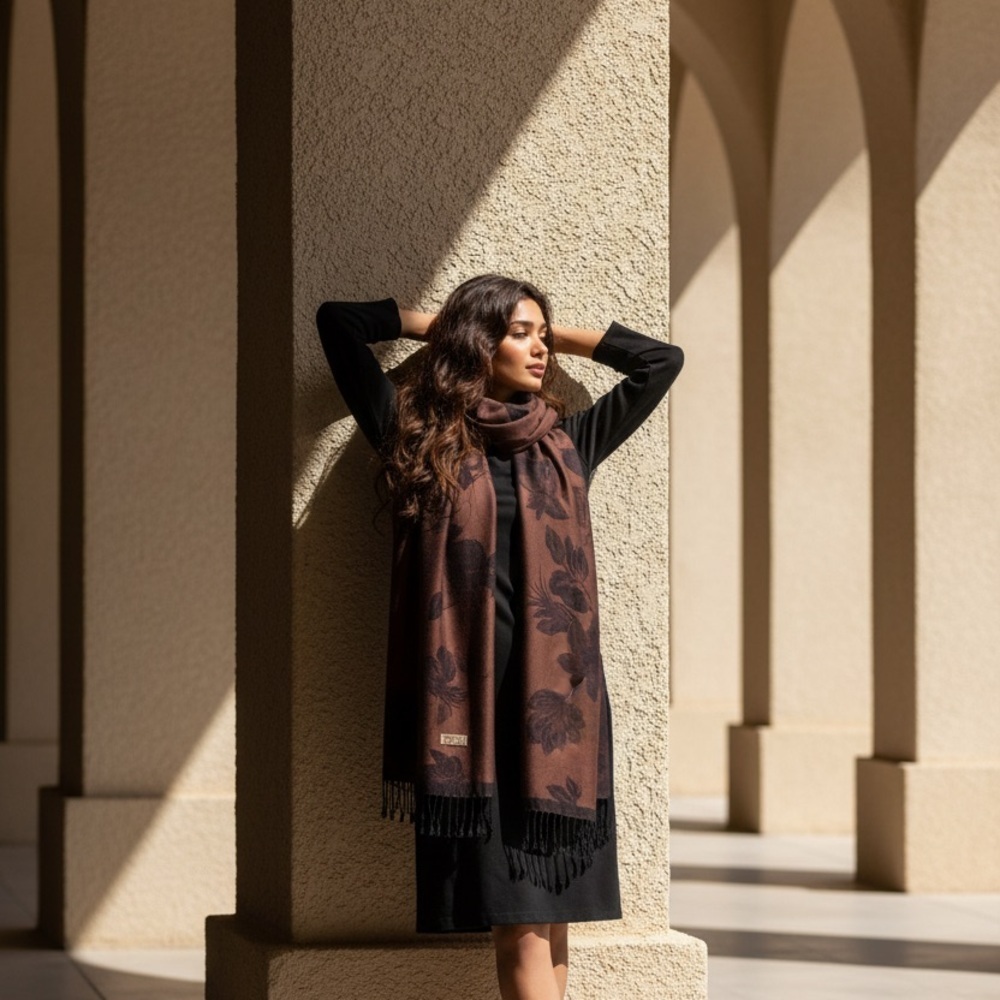 Pashmina Scarf Wrap Brown Black Floral - Picture 5 of 12